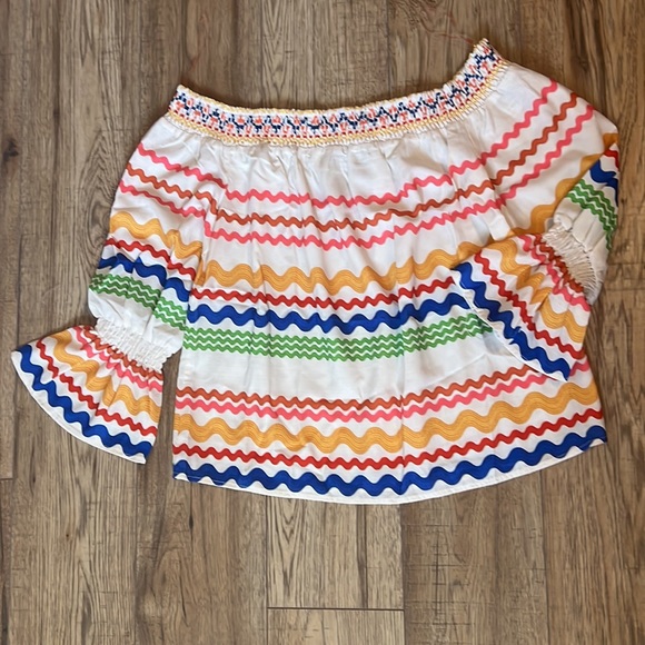 Flying Tomato multi color, ric rac patterned, off the shoulder top. - Picture 5 of 8
